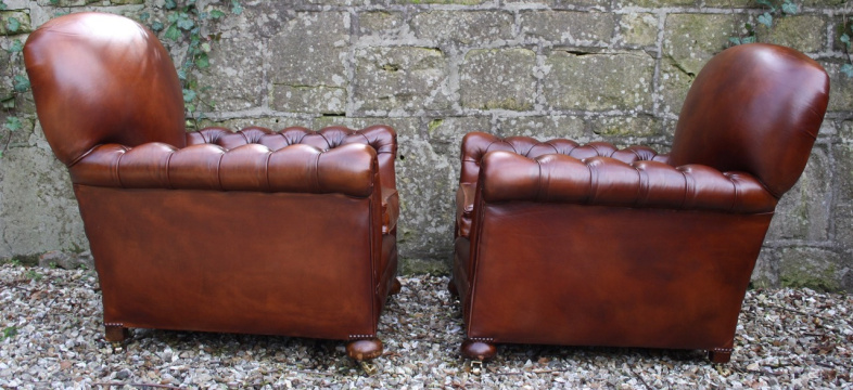 Buttoned Arm Antique Leather Club Chair Pair